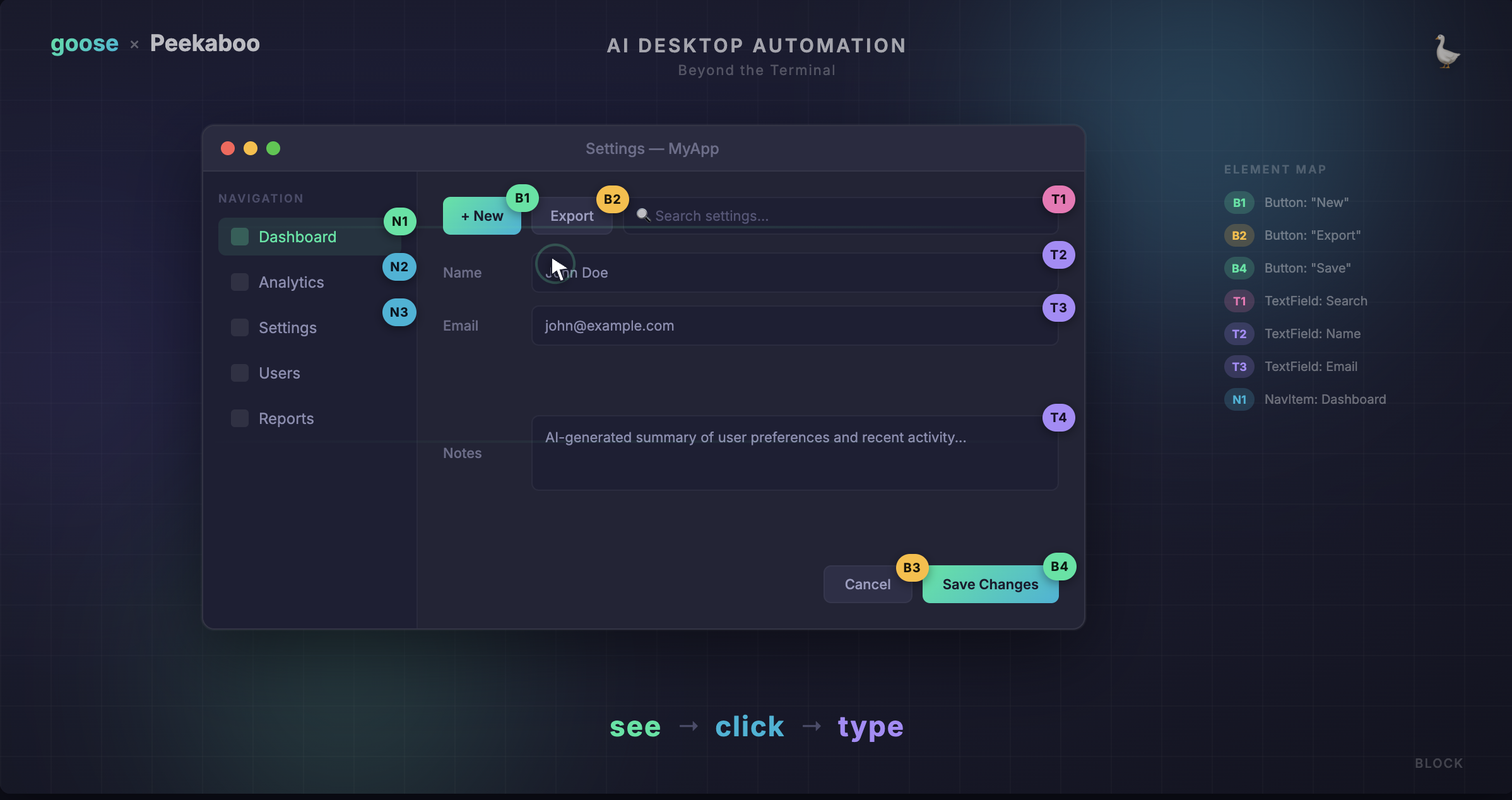 goose controlling a Mac desktop with annotated UI elements